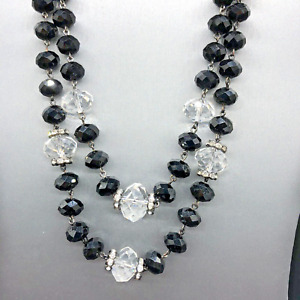 Trifari Necklace Highly Faceted Black & Clear Beads Silver Rhinestone Spacers 18