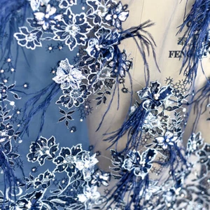 Sale Luxury Embroidery Navy Lace Fabric Beaded Feather Wedding Costume Fabric - Picture 1 of 16