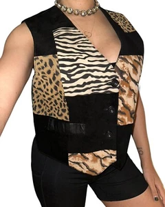 Cedars Leather Button Vest VTG Queen Animal Print Patch Leopard Zebra Women’s M - Picture 1 of 7