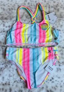 NEW Hurley Big Girl's Size XL/16 2 Pc Bikini Swimsuit Striped Pink Yellow Blue - Picture 1 of 4