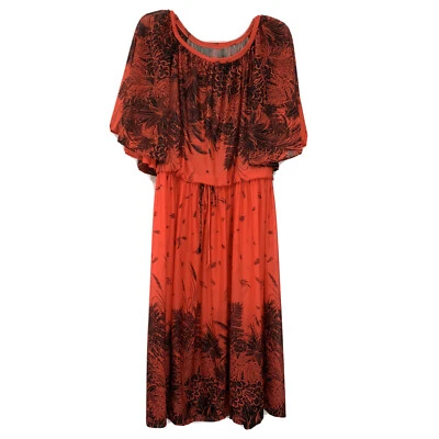 Vintage Laura Gene Dress 16 Red Black 70s Hawaiian Floral Print Stretch waist - Image 1 of 4