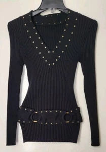 Tracy M Nietenpullover schwarz gerippt Baumwolle Elasthan Strick Top S - Bild 1 von 3