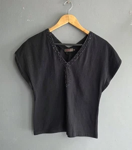 Reiss Black Beaded V-Neck Cap Sleeve Top UK S 8-10 Vintage Partywear Embellished - Picture 1 of 12
