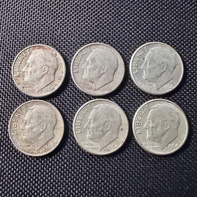 Lot of 6 Six 1962 D (x3) 1964 D (x3)  Roosevelt SILVER Dimes Silver 10c Coins - Image 1 of 4