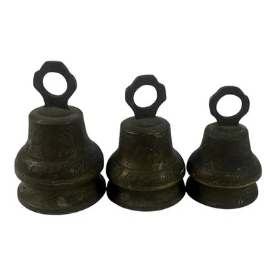 Set of 3 Antique Brass Engraved Bells Ornate Floral Design India or Nepal - Image 1 of 4