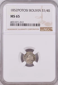 Bolivia 1852 Potosi - 1/4 Sol - NGC MS65 - Reflective Fields - Llama & Mountain - Picture 1 of 4