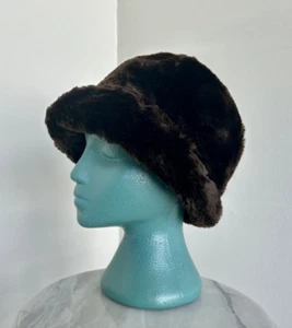 Faux Fur Brown Bucket Hat Size Small Vintage 60s Womens Faux Fur Retro Hat - Picture 1 of 9