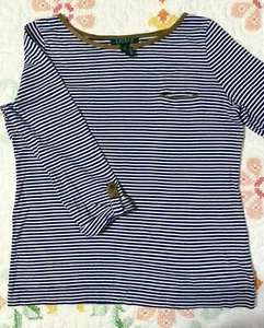 Lauren Ralph Lauren Top M gestreift blau weiß braun Besatz Baumwolle - Bild 1 von 8