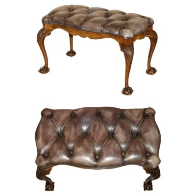 STUNNING ANTIQUE ENGLISH BURR WALNUT BROWN LEATHER CLAW & BALL WINDOW SEAT BENCH - Image 1 of 4