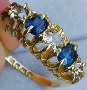 18Ct Gold Ceylon Sapphire Old Cut Diamond Cluster Antique Ring Size N Hallmarked - Picture 1 of 9