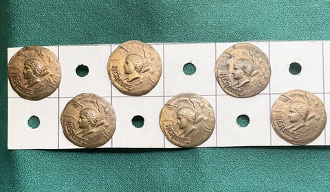 Lot Of 6 Antique Buttons Brass Hercules Large Shank Buttons Cover