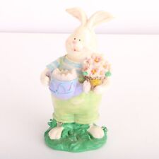 Resin Rabbit Bunny Holding Purple Watering Can & Flowers Decorative Figurine