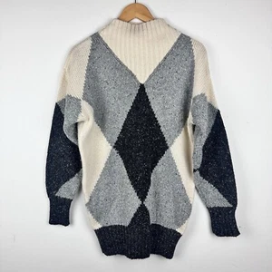 Vtg Lizwear Sweater Mock Neck Diamond Print Oversized 80s 90s Preppy Cabincore S - Picture 1 of 18