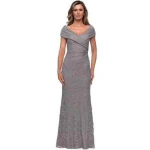 La Femme V-Neck Off Shoulder Knit Lace Sheath Long Dress Platinum Size 12 $438 - Picture 1 of 3