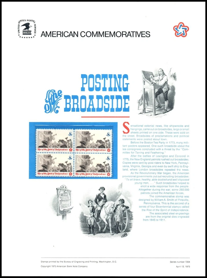 1973 American Revolution Broadside CP12 commemorative panel MNH Sc 1477 block - Image 1 of 1