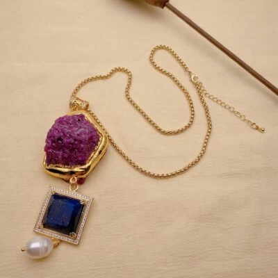 Ожерелье цепочка позолоченная белый рис жемчуг квадратный синий лазурит необработанный красный рубин - Изображение 1 из 4