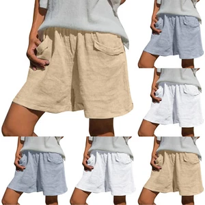 Summer Womens Basic Loose Comfy Linen Shorts Solid Mid-Waist Shorts Casual Pants - Picture 1 of 31