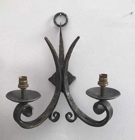 Antique French Wall Sconce Wrought Iron Castle Large 14” Welded Metal heavy Cover