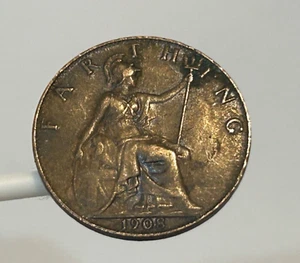 1908 Farthing - Edward VII British Bronze Coin ~ Lot 181 - Picture 1 of 2