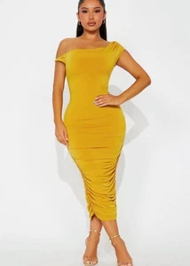 Fashion Nova one shoulder midi dress in yellow Size S - Picture 1 of 3