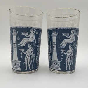 2 Jeanette Glass Corinthian Blue Greek Tumblers 5" W/ Gold Rim Highball EUC - Picture 1 of 12