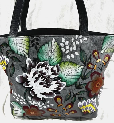 Bolsa tote de couro pintada à mão vintage Anuschka bolsa floral assinada Anna - Imagem 1 de 4