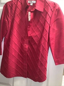 NWT Red Coldwater Creek 100% silk blouse Basket Weave Dupioni button up PXS - Picture 1 of 7