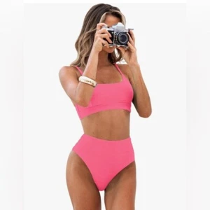 NUEVO Conjunto de bikini rosa 2 piezas traje de baño cintura alta textura acanalada XL 16/18 - Imagen 1 de 9