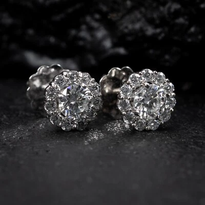 Moissanite Halo Cluster White Gold 925 Sterling Silver Stud Screw Back Earrings - Image 1 of 4