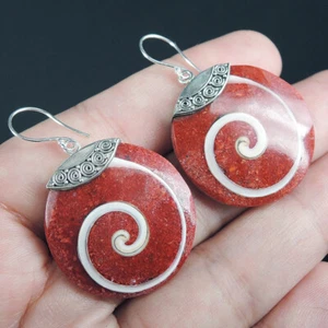 Pendientes de plata de ley 925 con concha de cono natural y coral rojo joyería, RCE-145 - Imagen 1 de 6