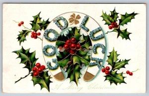A Merry Christmas, Holly, Horseshoe, Antique Embossed Greetings Postcard - Picture 1 of 2
