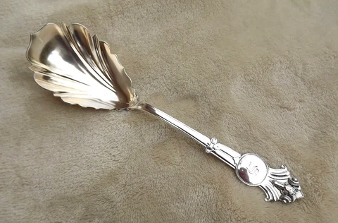 Rams Head by Wendt 8 1/2" Sterling serving spoon mono S vermeil circa 1865 Cover