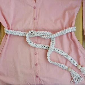 Ivory Crochet Rope Wrap Belt, Women Twisted Beaded Tassel Braided String Belt - Picture 1 of 22