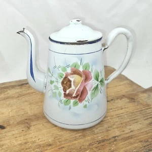 Cafetera vintage esmaltada rosas esmalte lata de té francés - Imagen 1 de 10