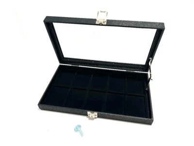 Black Key Locking Glass Top Lid 8 Space Jewelry Display Case with Lid Support - Image 1 of 3