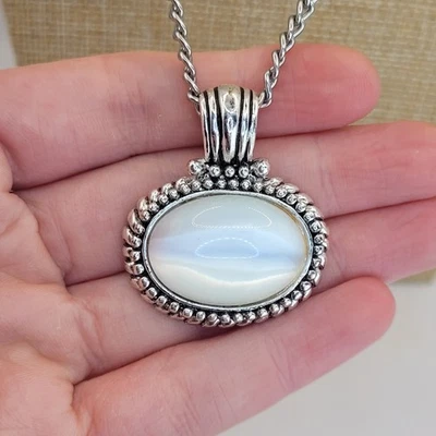Silver Tone Oval Faux Mother of Pearl MOP Cabochon Bead Rope Pendant Necklace - Image 1 of 4
