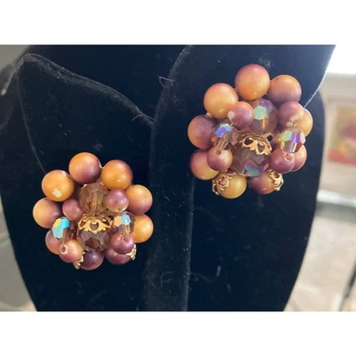 Brown Wooden Clip On Beaded Earrings with Crystals - Image 1 of 3