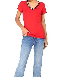 TOMMY HILFIGER Women’s Red V-Neck Cotton Shirt - Size PXL - Picture 1 of 8