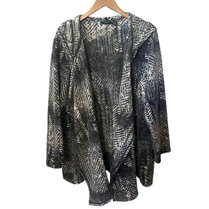 Susan Graver Weekend Strickjacke schwarz vorne offen Fischgrätmuster Kapuze Fleece 2X - Bild 1 von 7