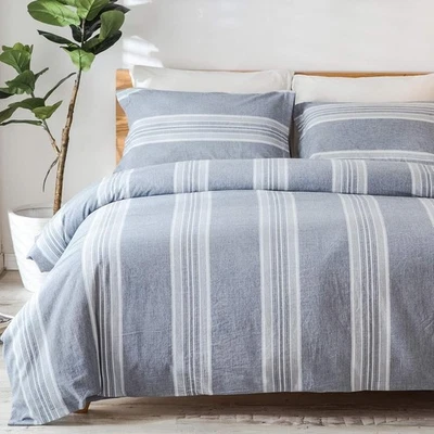 David's Home 100% Washed Cotton Duvet Cover 3 PC Set Queen Chambray Stripe Blue - Image 1 of 4