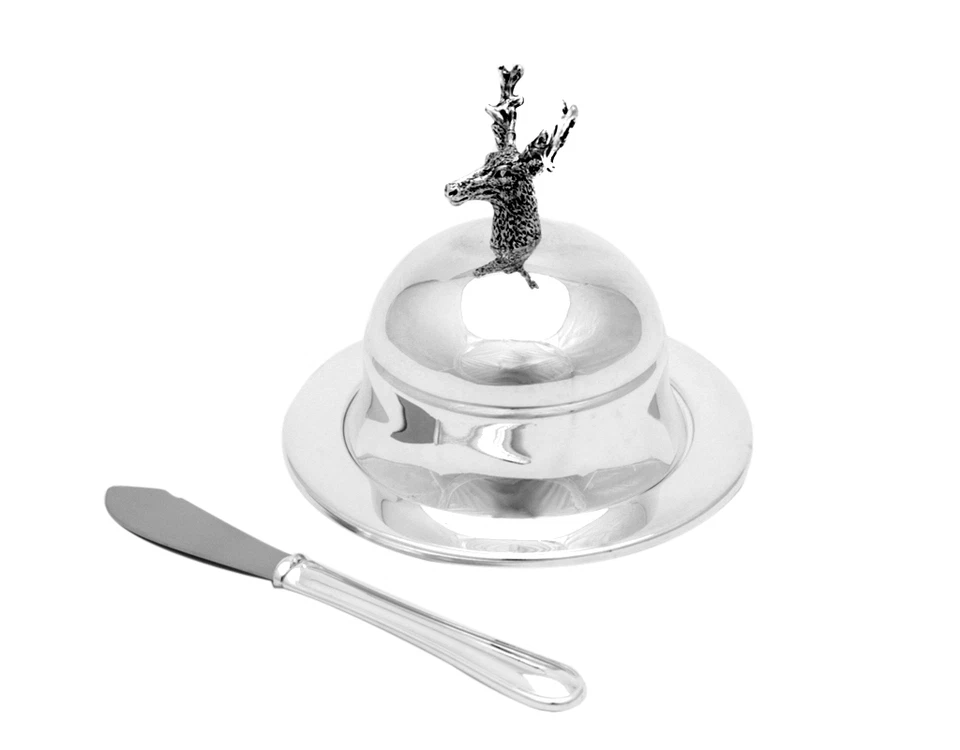 Butterdose Metallo Burriera Rotondo Argentato Hirsch Scatole di Scorta Deposito - Immagine 1 di 4