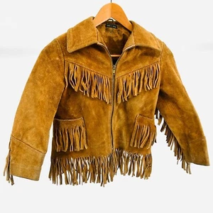 70s Kids Brown Genuine SUEDE Leather Long Sleeve Jacket w Fringe Detail Size 14 - Picture 1 of 9