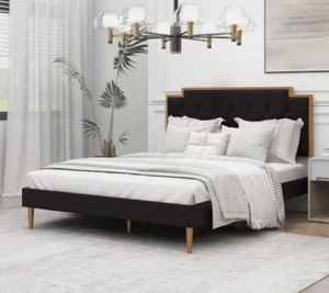 Upholstered Platform FULL Size Bed Frame with Headboard Premium Stable Wood Slat - Picture 1 of 5