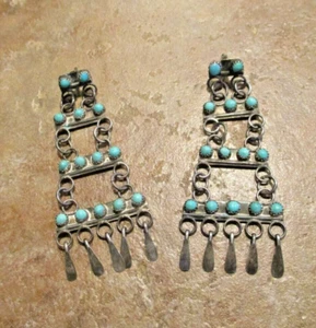 2 3/8"  GEM !!  OLD Vintage Zuni Sterling Silver Turquoise CHANDELIER Earrings - Picture 1 of 10