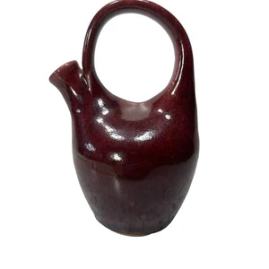 Mid Century Modern Burgundy Art Pottery Pitcher Vase Sculptural Handle 6.5" Tall - Picture 1 of 7