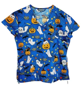 Serene Uniforms Scrub Top Small S Halloween Blue Ghosts Pumpkins Short Sleeve - Picture 1 of 7