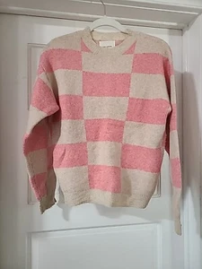 Sofie Schnoor Girls knit Pink/ Beige Checkered Sweater Size 12 - Picture 1 of 10