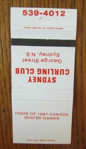 CUBIERTA CURLING CLUB SPORTS MATCHBOOK: SYDNEY, NOVA SCOTIA 1987 JUEGOS DE INVIERNO -D21 - Imagen 1 de 1