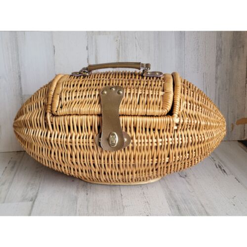 Football wicker picnic basket lined vintage home decor