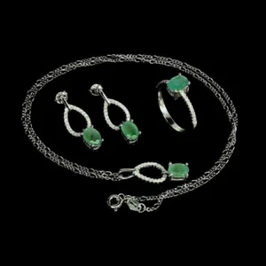 Silver Emerald Pendant Earring Ring Genuine Natural Gem Solid Sterling N US 6.25 - Picture 1 of 24